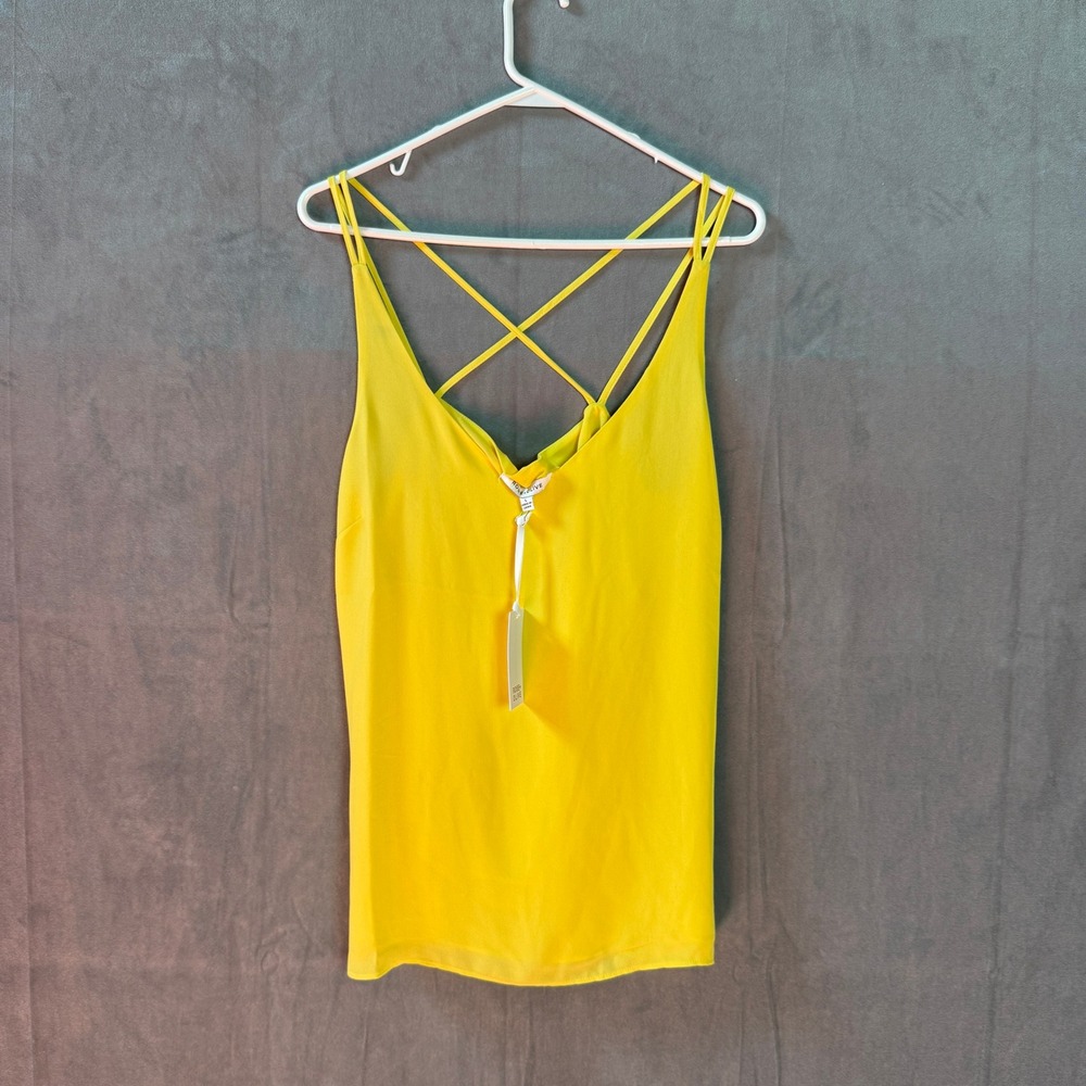 Rose + Olive Yellow Chiffon Strappy Crisscross Back Camisole Tank Top Large NWT